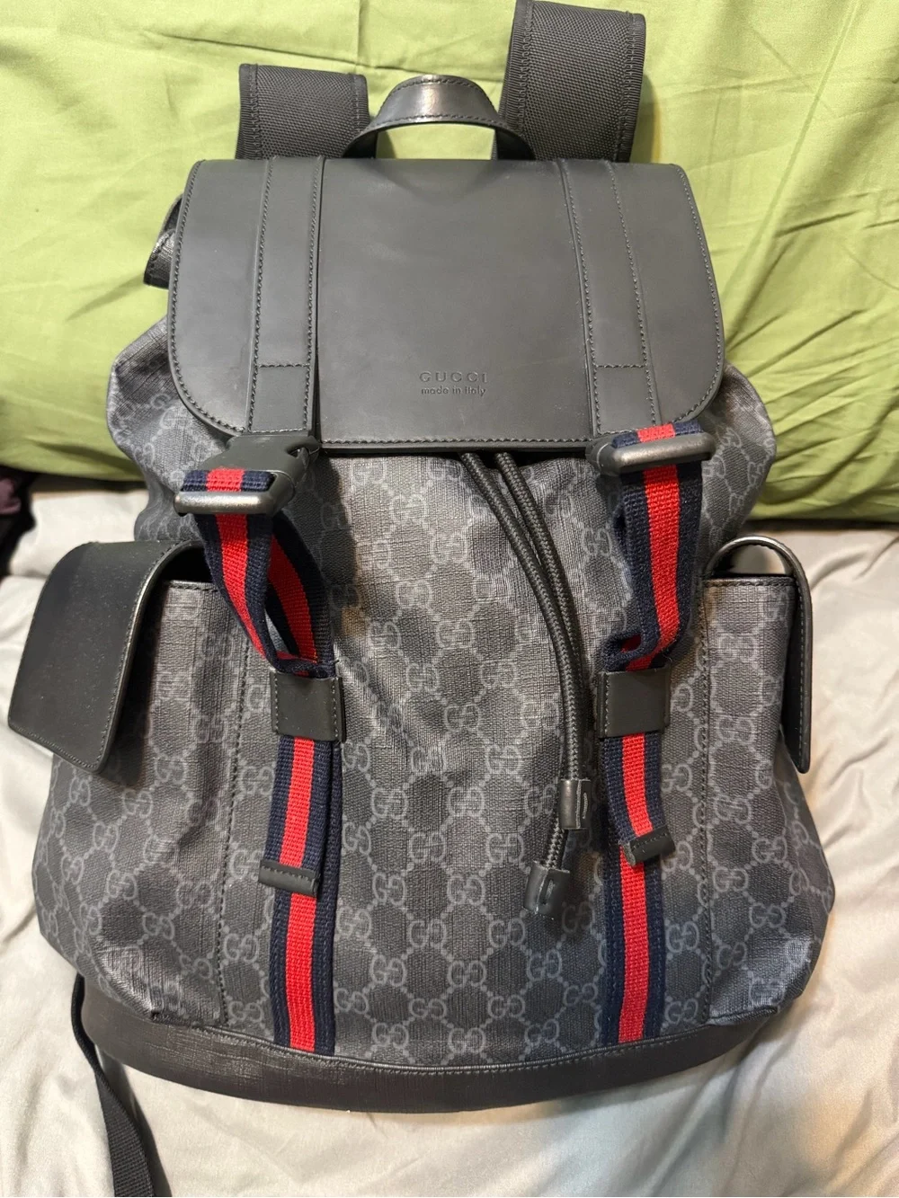 Gucci Gray GG Supreme Canvas Backpack with Red and Blue Web Straps